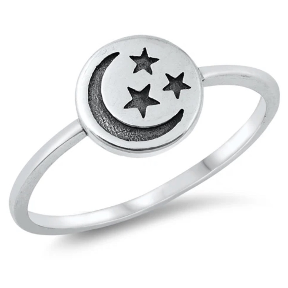 Sterling Silver Crescent Moon & Star Ring – Size 8 – 9 mm Face Height
